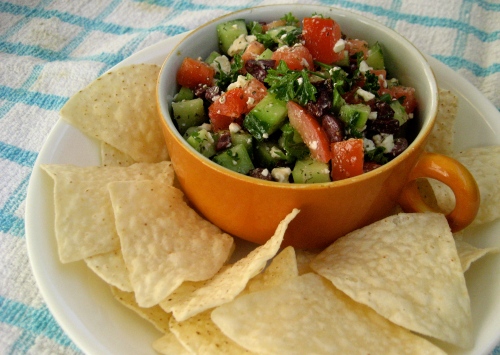 Serve this salsa with tortilla chips, pita bread toasts or slices of french bread.